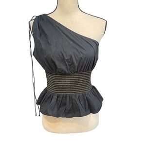ZARA Black One Shoulder Asymmetric modern Poplin Blouse Women's Small
